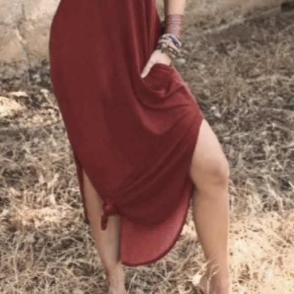 Zenana Outfitter Cruise or Vacation T-Shirt Dress Boho L Red V-Neck Side Pockets - Picture 6 of 6